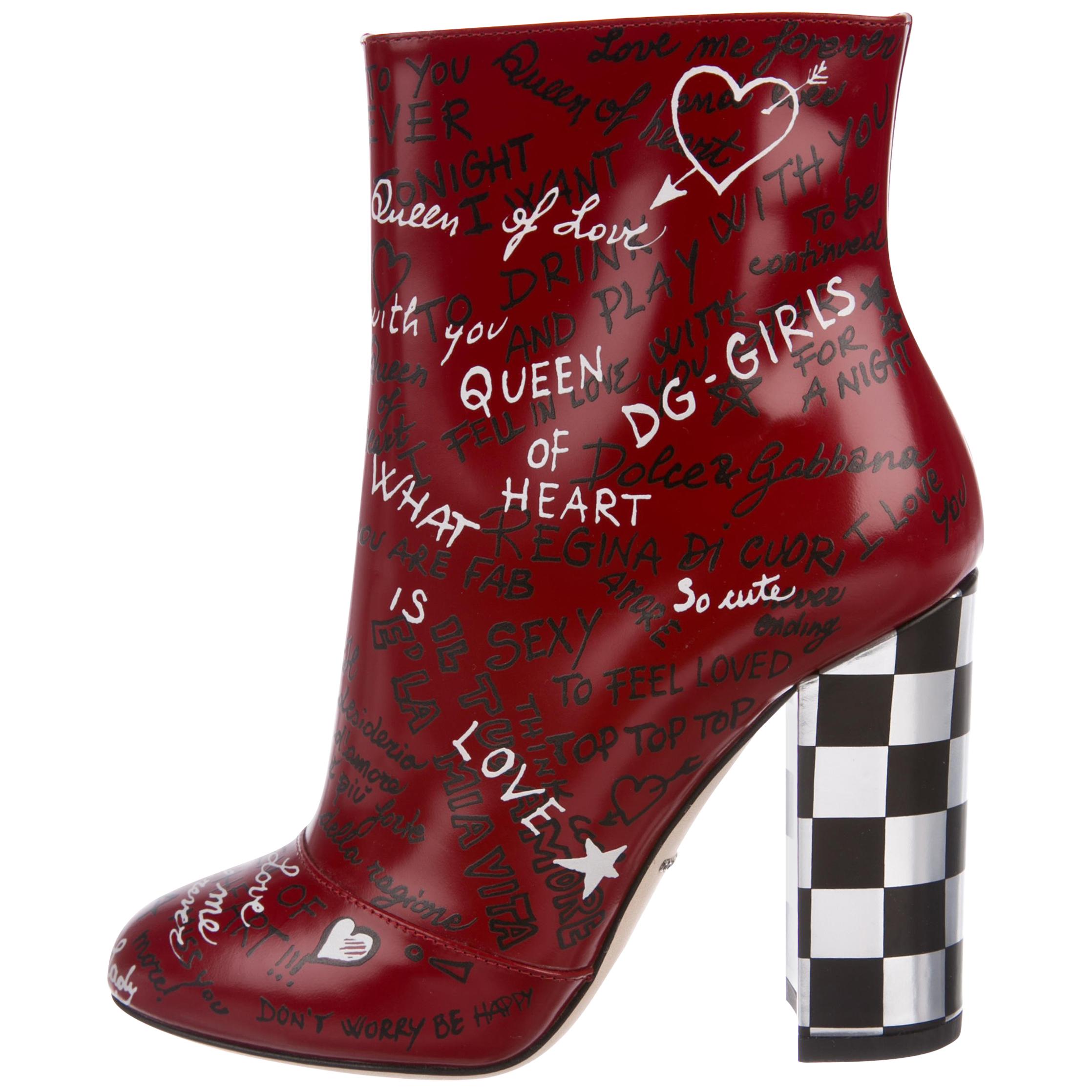 Dolce & Gabbana Red White Black Writing Block Heel Ankle Booties Boots
