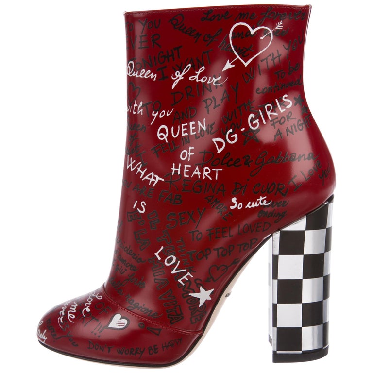 Dolce and Gabbana Red White Black Writing Block Heel Ankle Booties ...