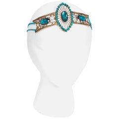 1920's French Teal Blue Jeweled Gold Brass Art-Deco Flapper Headpiece