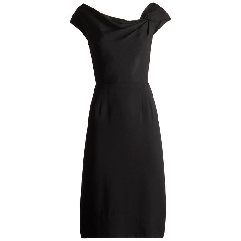 1950s Dorothy O'hara Vintage Black Asymmetric Cocktail Sheath Dress