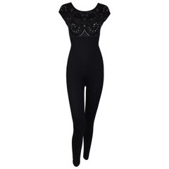 Vintage NWT 1990's Fendi Embellished Black Bodycon Catsuit Jumpsuit