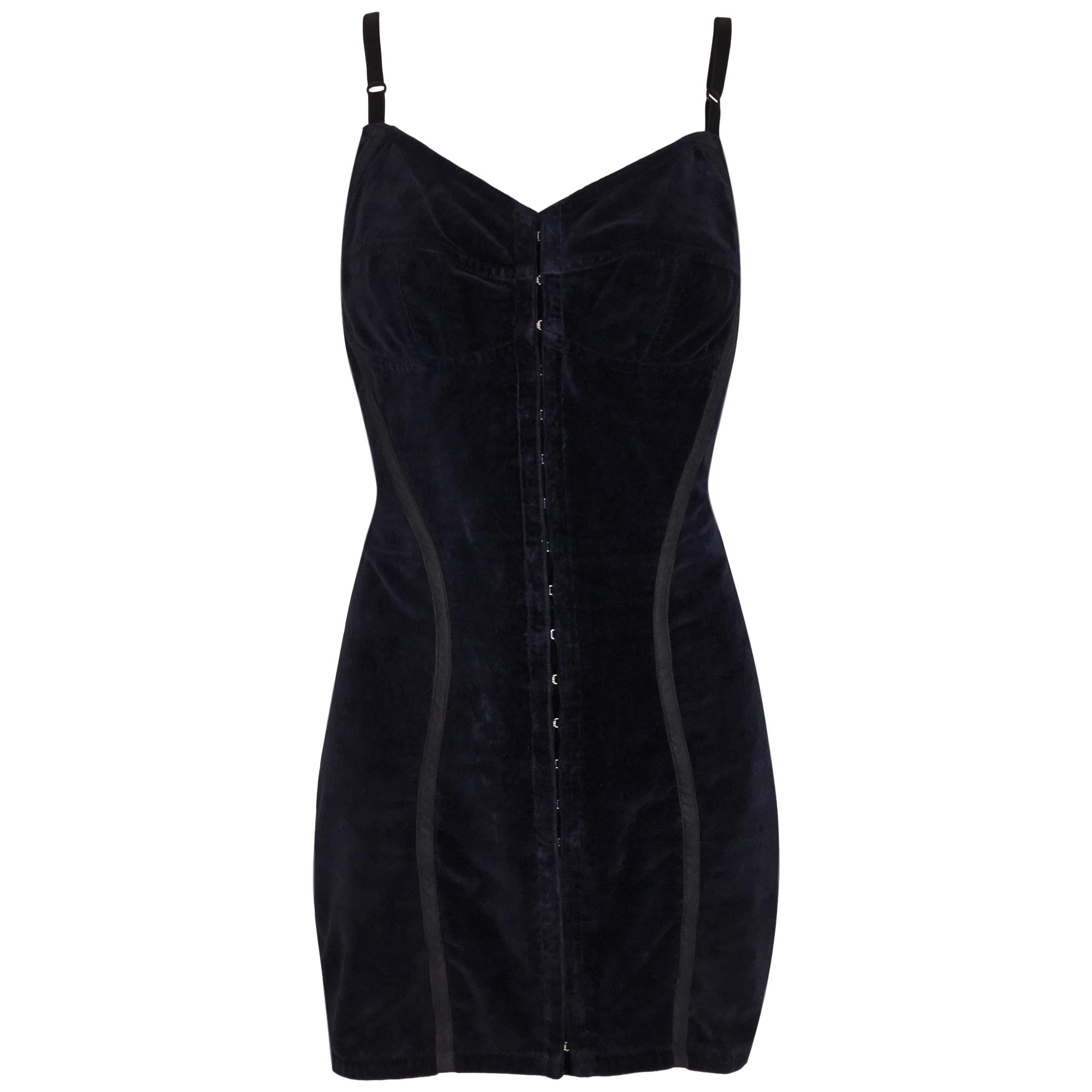 S/S 1992 Dolce & Gabbana Navy Blue Velvet & Black Mesh Corset Mini Dress
