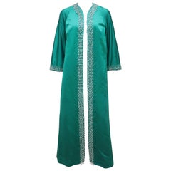 Retro C.1960 British Hong Kong Jade Green Beaded Satin Caftan Robe Evening Coat