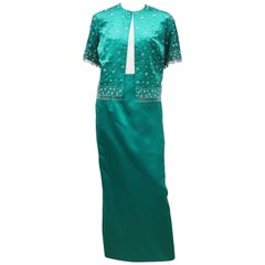 C.1960 British Hong Kong Jade Green Beaded Satin Cropped Top Jacket & Skirt