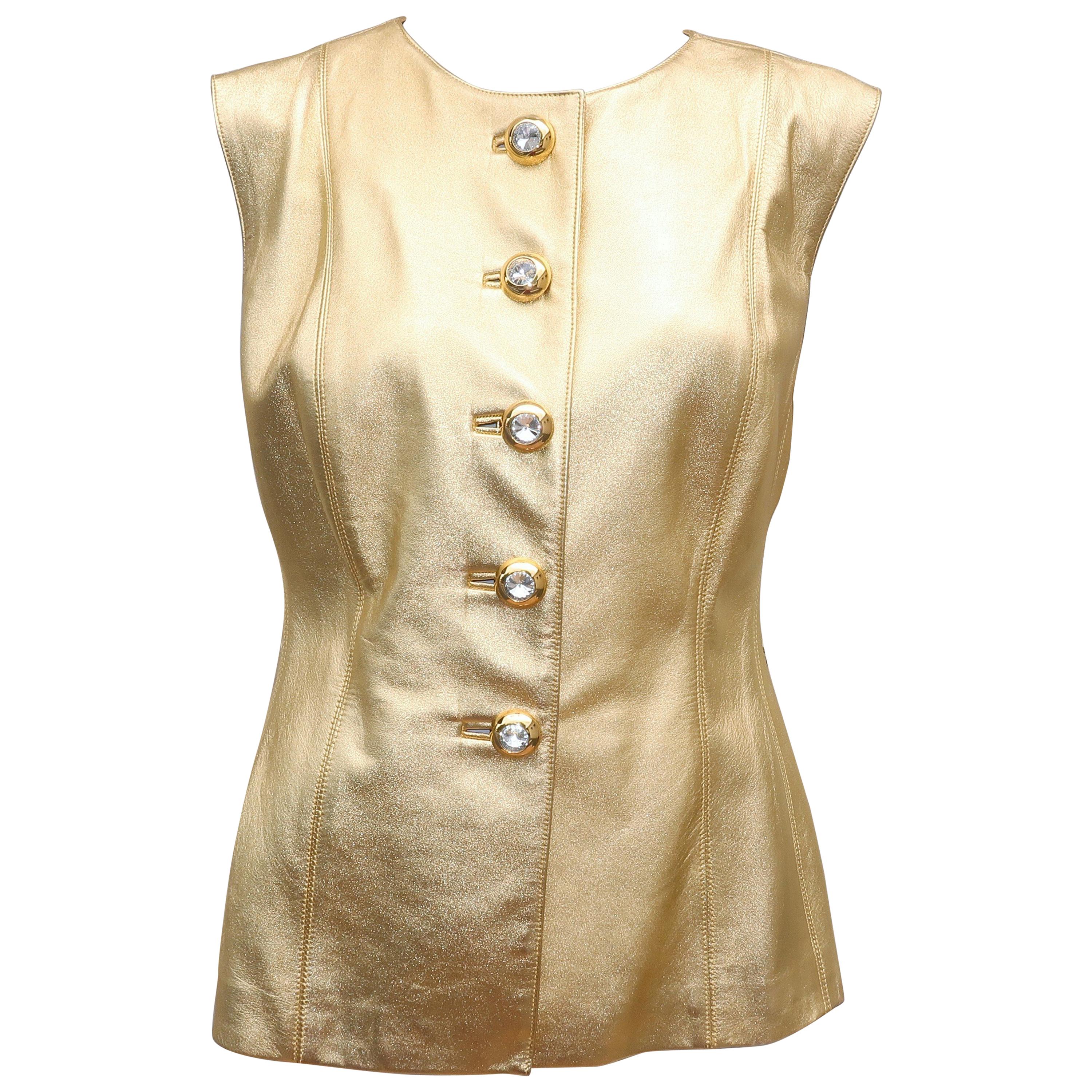 1980's Yves Saint Laurent Gold Leather Vest With Rhinestone Buttons