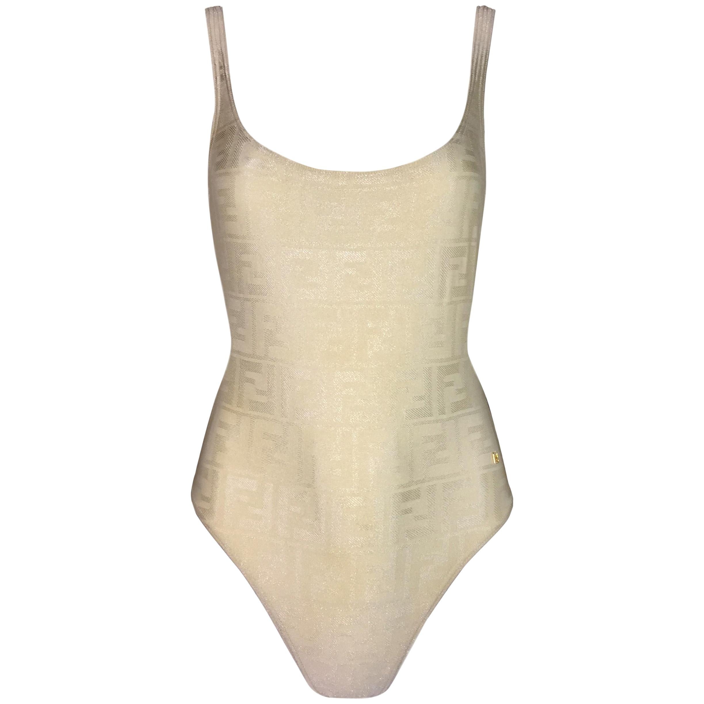 1990's Fendi Ivory Zucca Monogram Plunging Back Bodysuit Swimsuit at ...