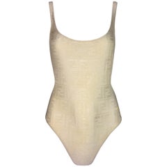 Vintage 1990's Fendi Ivory Zucca Monogram Plunging Back Bodysuit Swimsuit