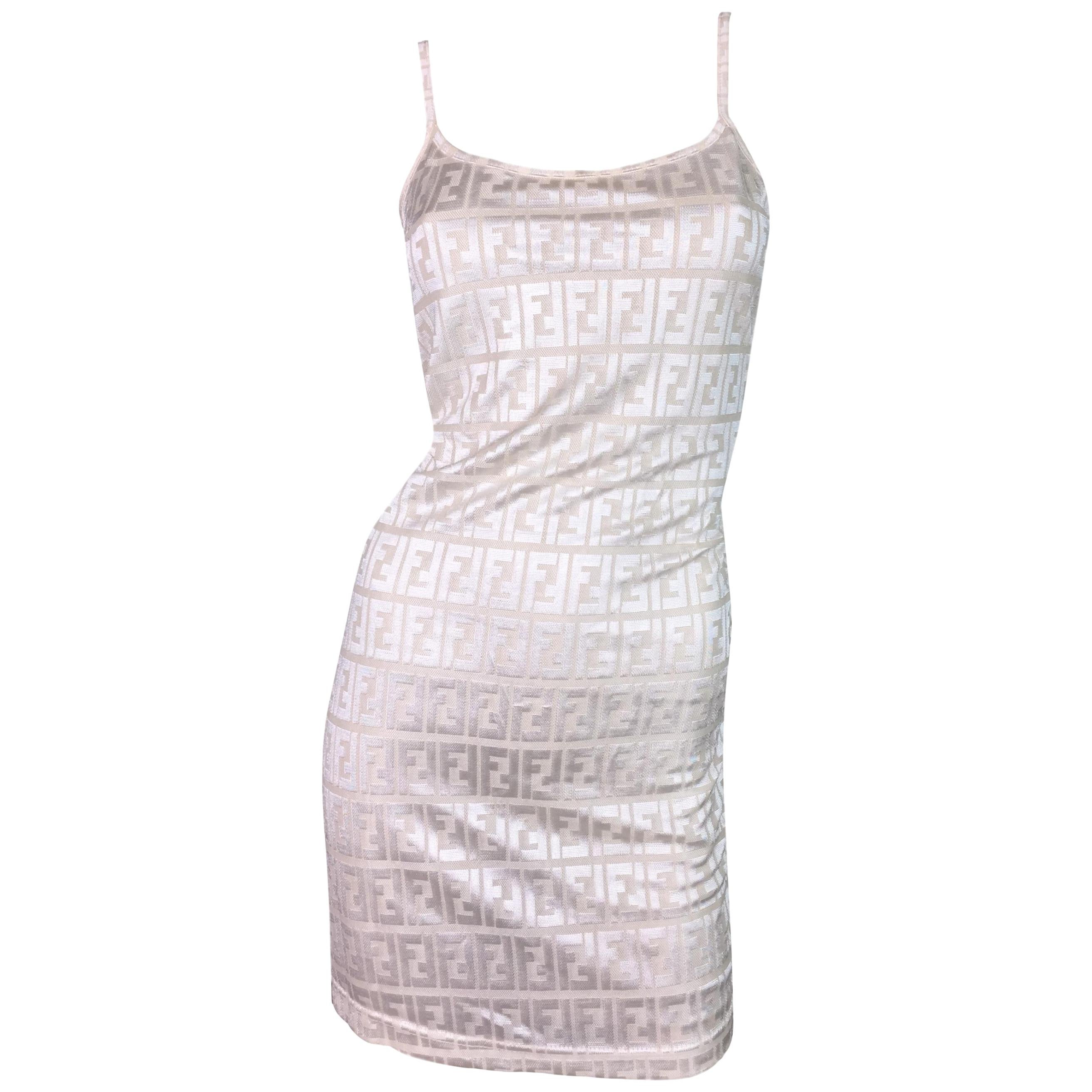 1990's Fendi Nude Pearl Zucca Monogram Slip Dress