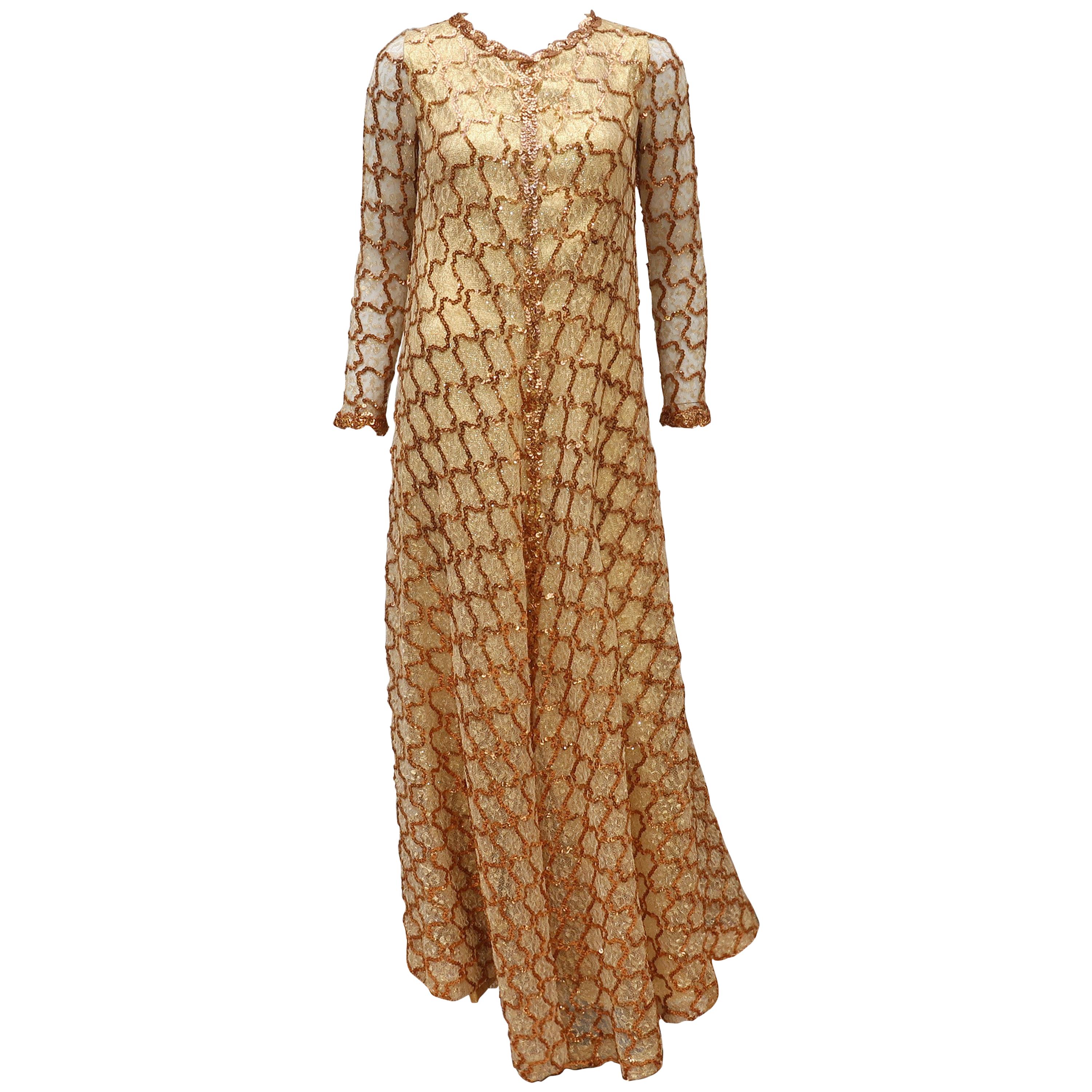 1960's Anne Fogarty Gold Lamé Dress With Trapeze Sequin & Lace Overlay