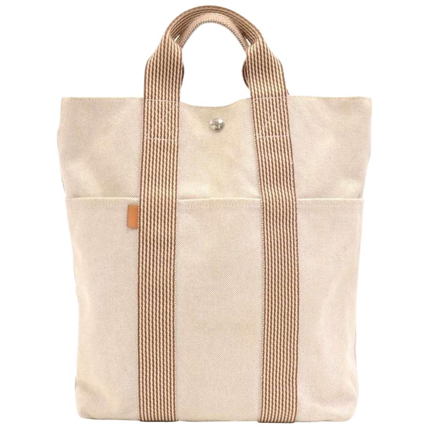 Hermes Fourre Tout Beige & Brown Canvas Triple Pocket Tote Bag For Sale