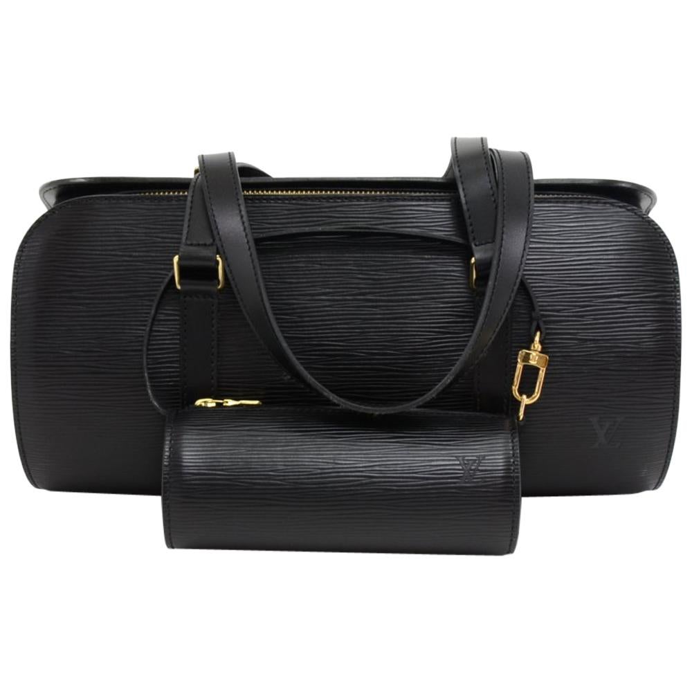 Vintage Louis Vuitton Soufflot Black Epi Leather Hand Bag + Pouch For Sale