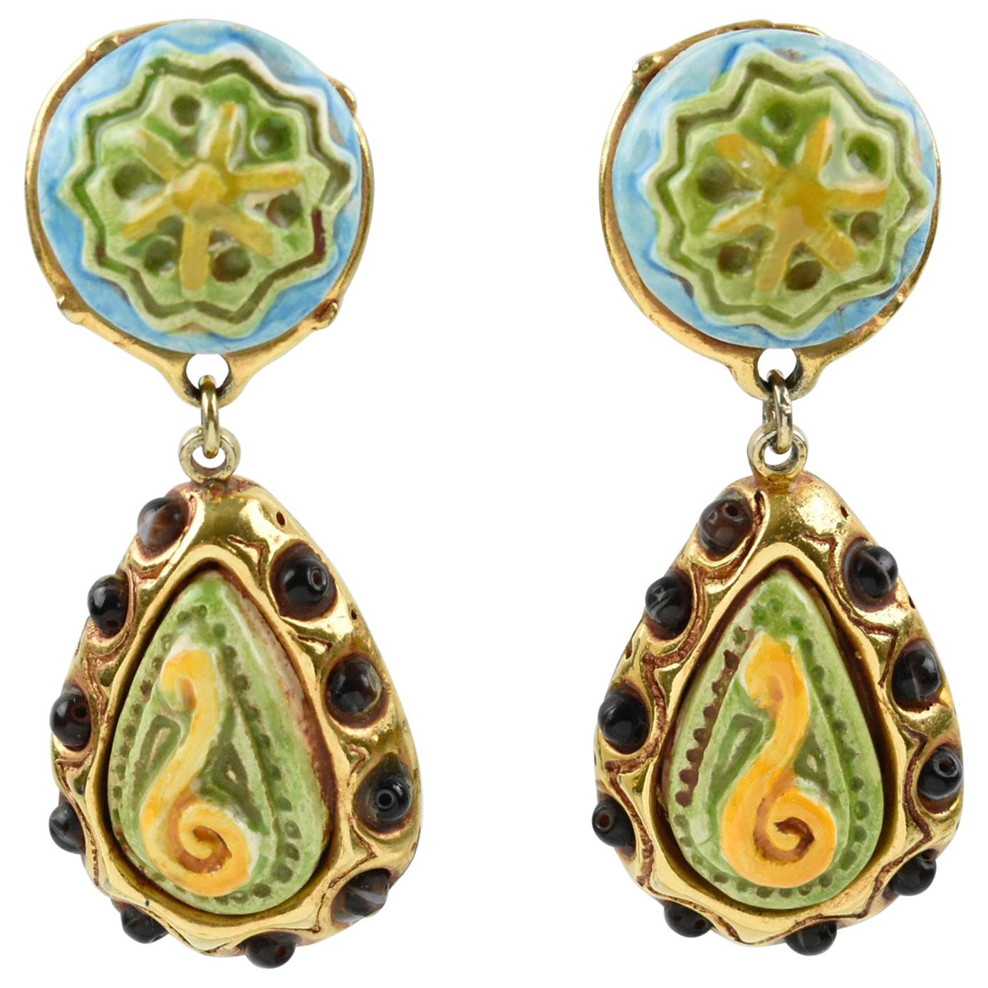 Kalinger Paris Clip on Earrings Dangle Gilt Resin with Green Blue Ceramic