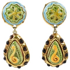 Kalinger Paris Clip on Earrings Dangle Gilt Resin with Green Blue Ceramic