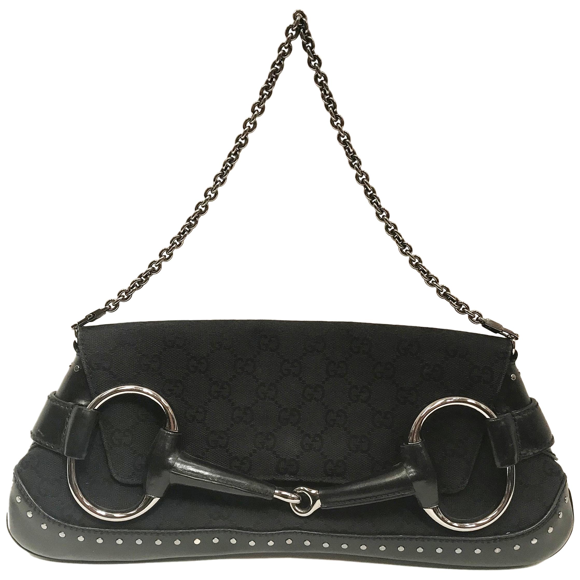 Gucci black canvas monogram horsebit clutch bag For Sale