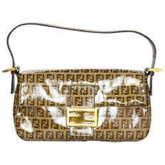 Fendi Tan Coated Canvas Monogram Zucca Baguette Bag w/ Gold Glitter Logo Buckle