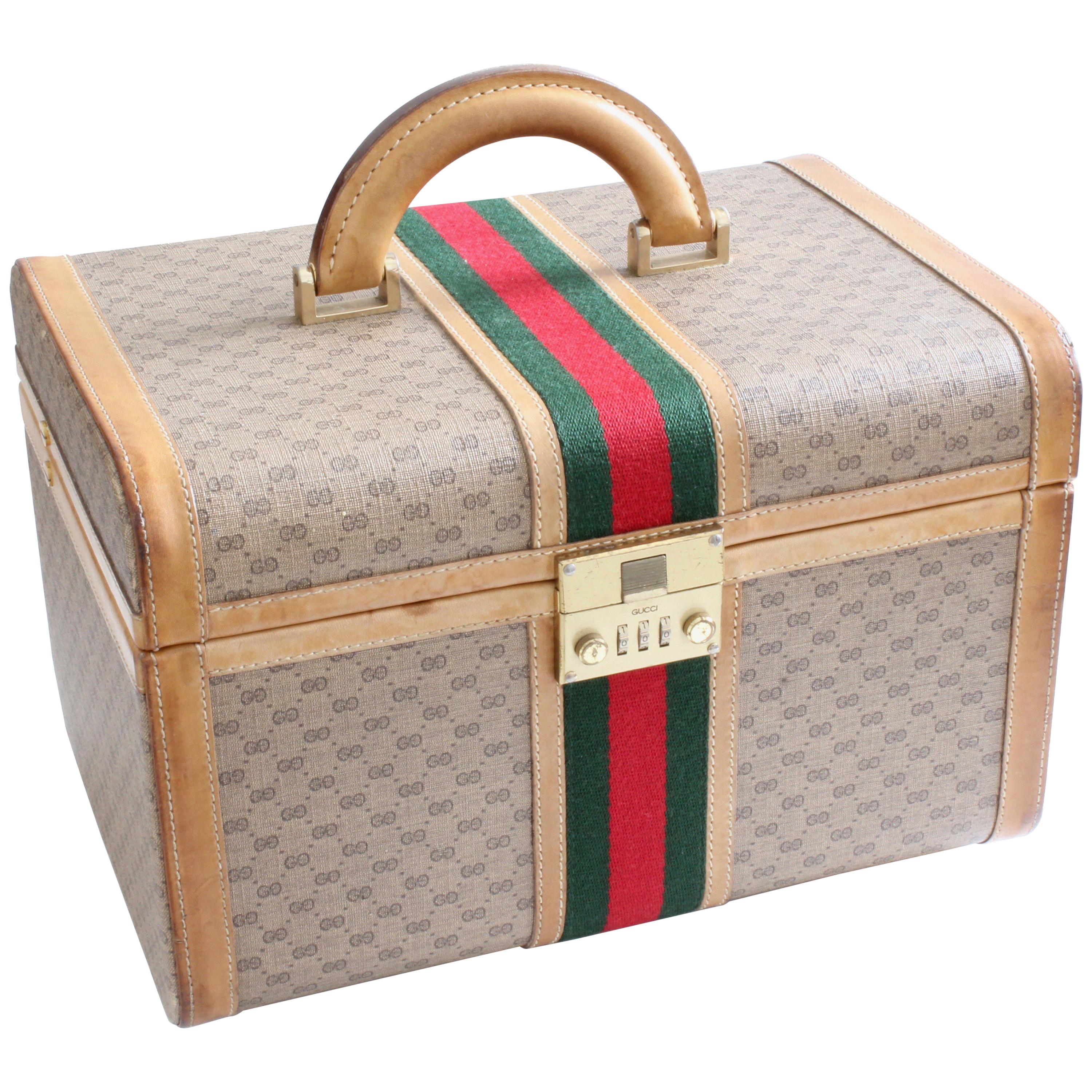 Gucci Train Case with Mirror & Lock GG Logo Canvas Webbing & Leather Travel Bag