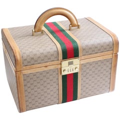 Vintage Gucci Train Case with Mirror & Lock GG Logo Canvas Webbing & Leather Travel Bag