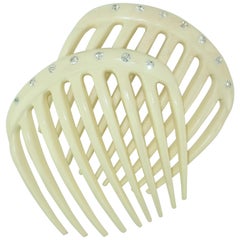 Pair Vintage French Faux Ivory & Rhinestone Hair Combs