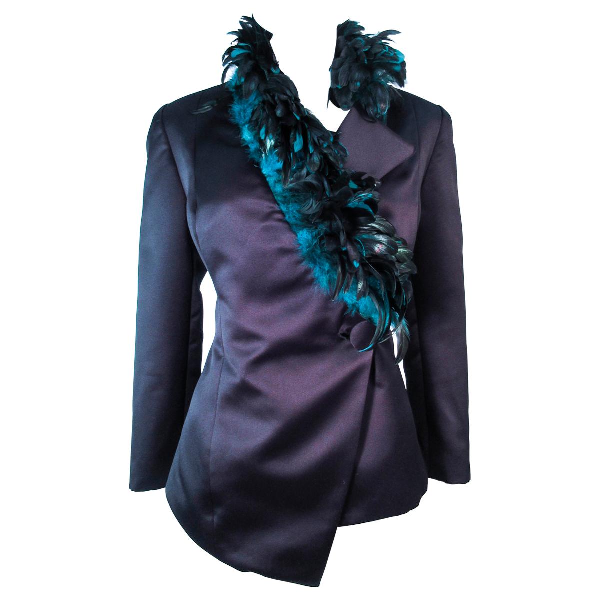 POL ATTEU Satin Evening Jacket with Iridescent Feather Collar Trim Size 12 For Sale