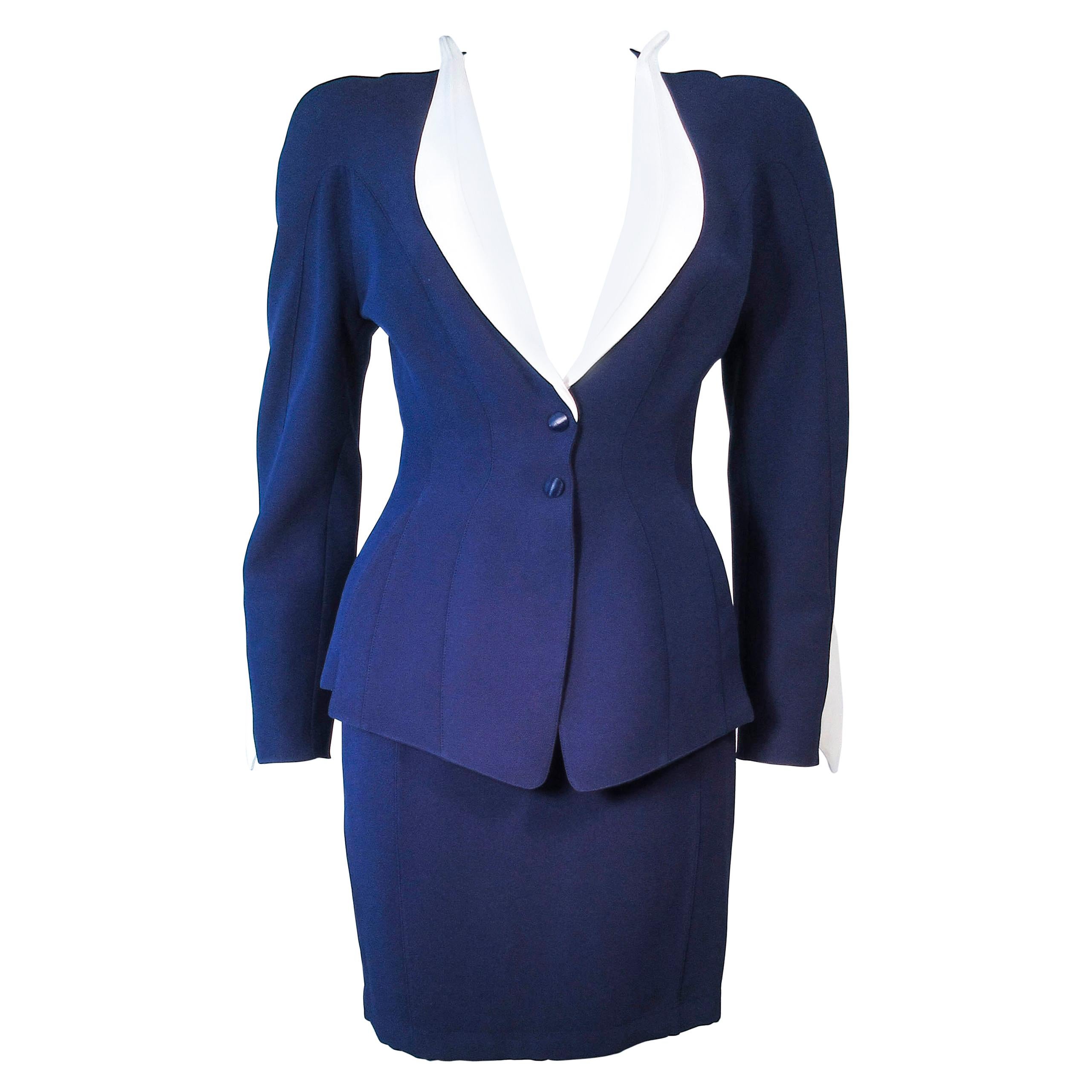 THEIRRY MUGLER Navy  & White Contrast Skirt Suit with Cutouts Size 36 38