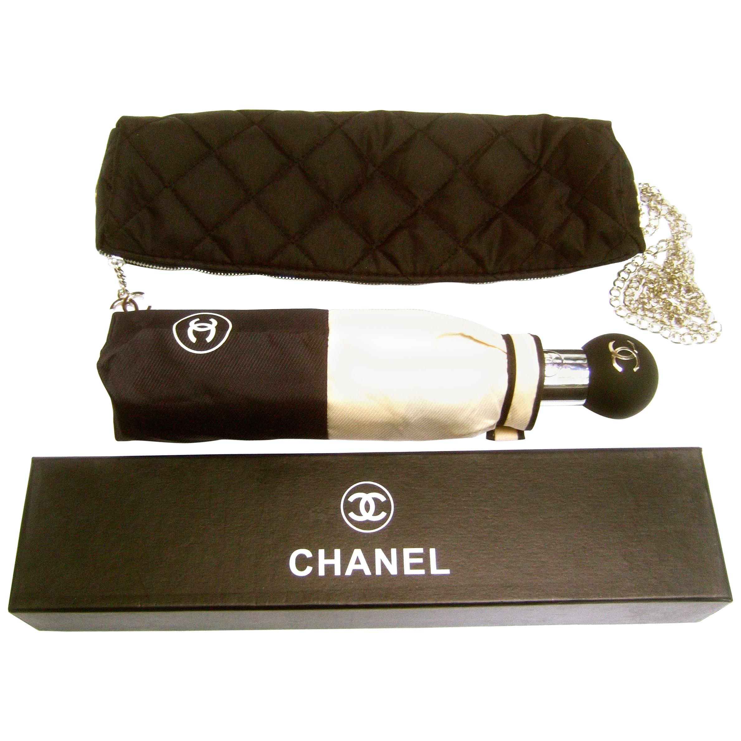 Chanel Tan & Black Nylon Umbrella in Chanel Box Circa 21st C 