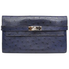 HERMES Ostrich Kelly Longue Wallet Bleu Roi