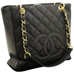 CHANEL Caviar PST Chain Shoulder Bag Shopping Tote Black Quilted
