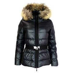 Moncler Black Tatie Raccoon Trim Gunmetal Logo Belt Down Puffer Coat, sz 1 (S)