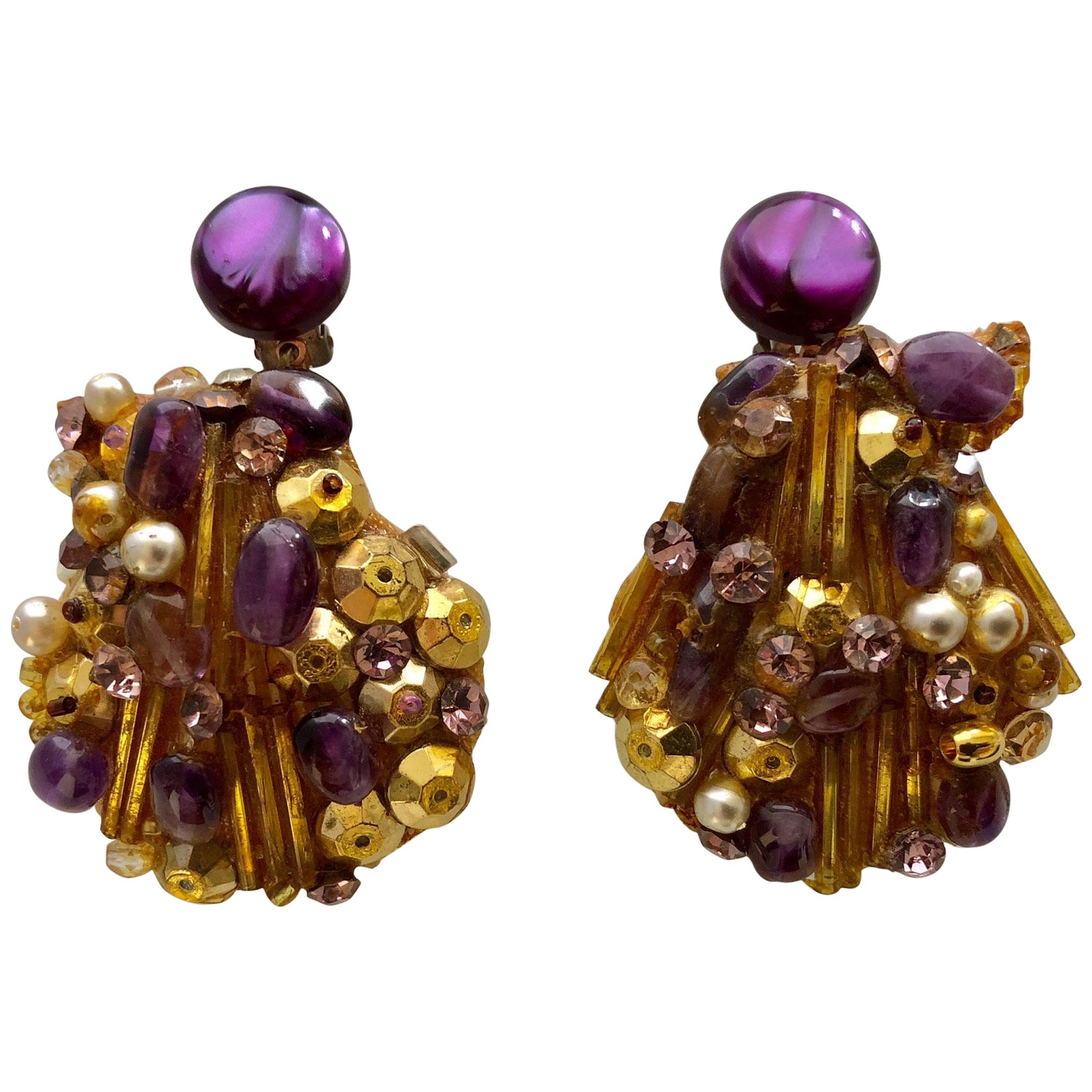Vintage Italian Jeweled Seashell Earrings 