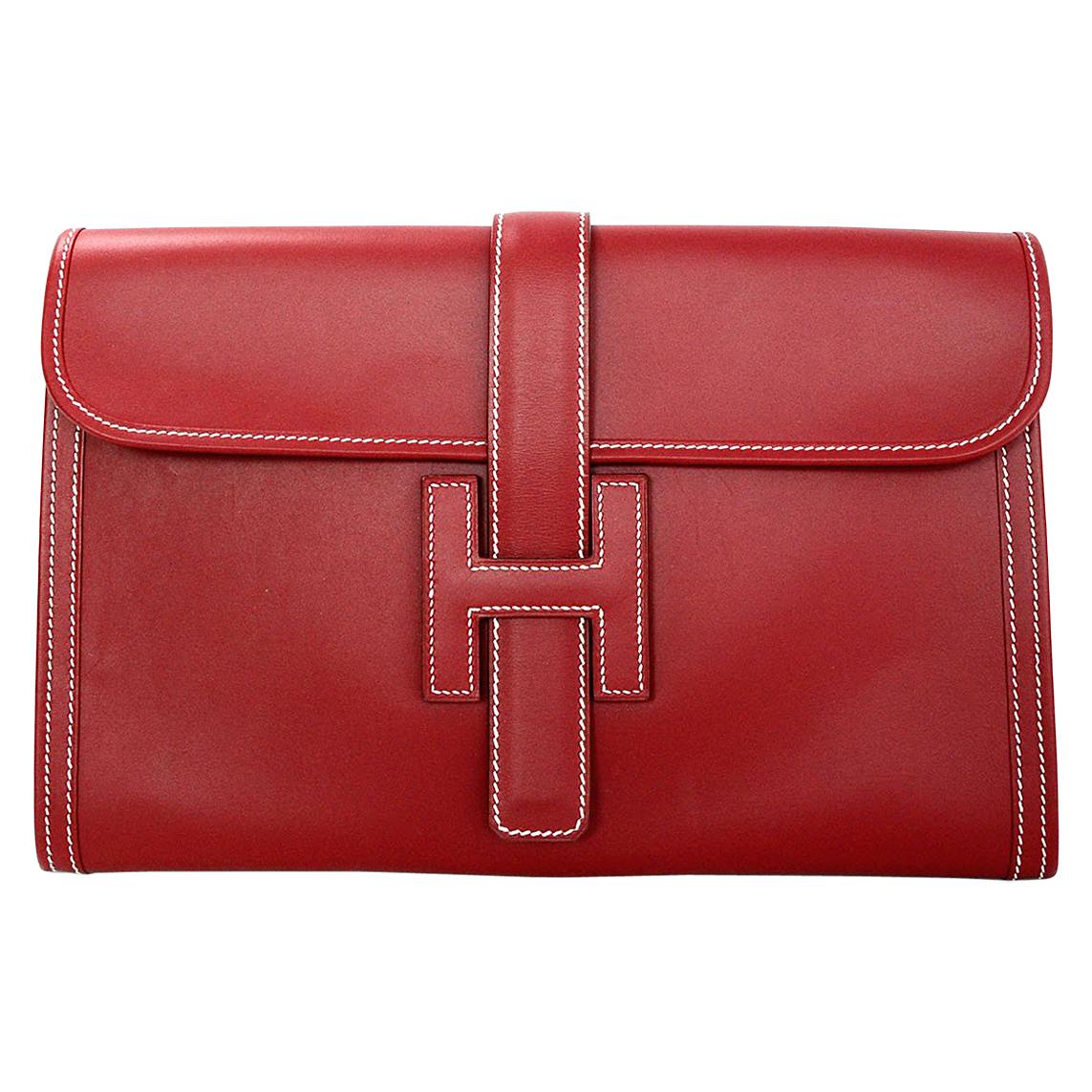 Hermes Brick Red Leather Jige PM H Clutch Bag w/ White Contrast Stitching