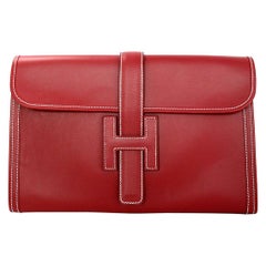Hermes Brick Red Leather Jige PM H Clutch Bag w/ White Contrast Stitching
