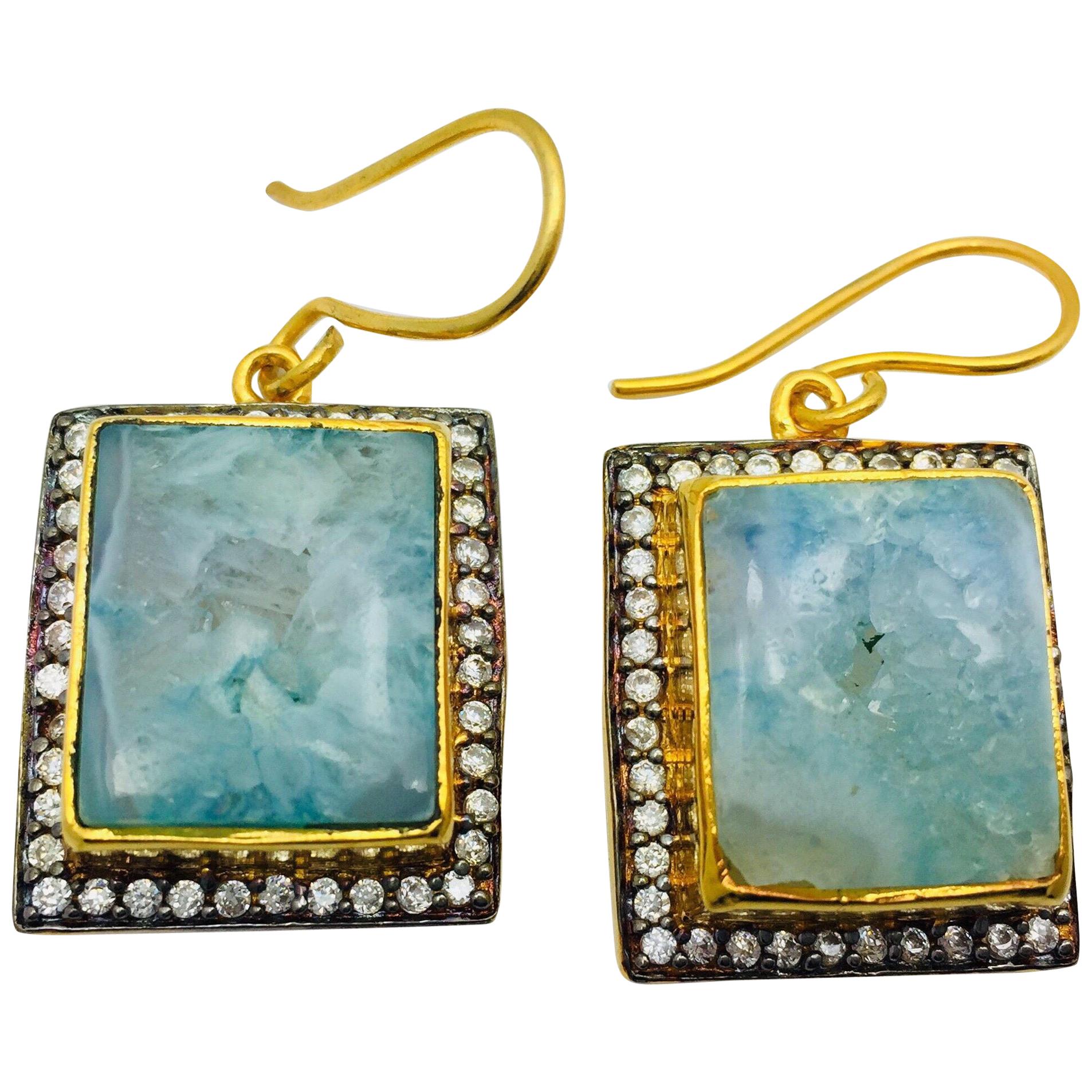 Aqua Blue Druzy Cubic Zircon Earrings For Sale