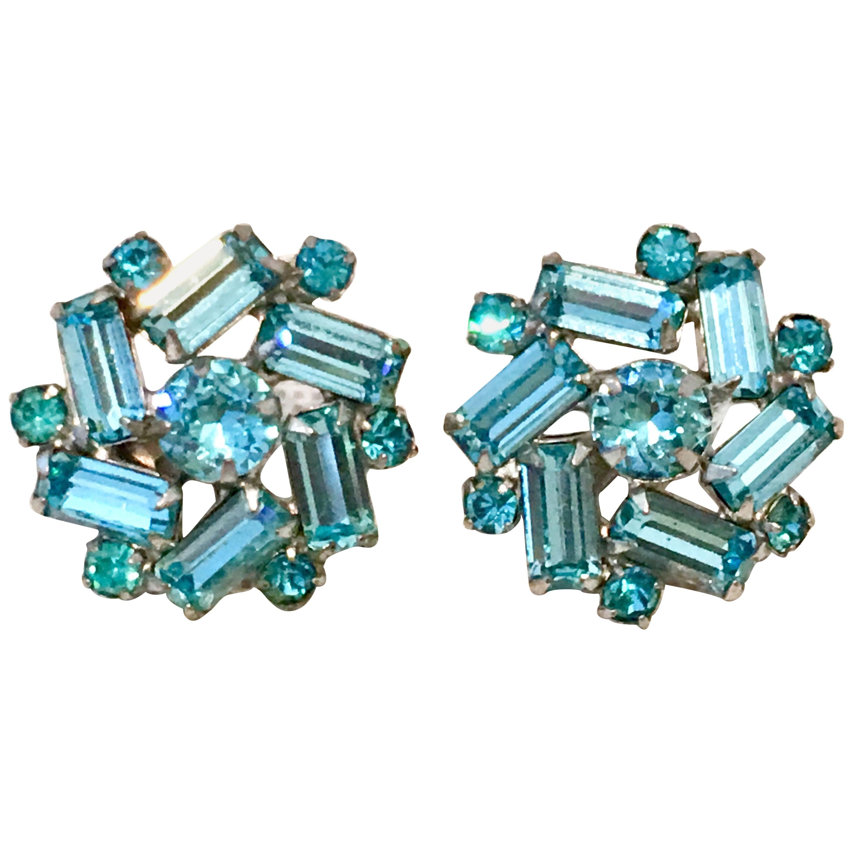 1940'S Silver & Blue Sapphire Swarovski Crystal Earrings 