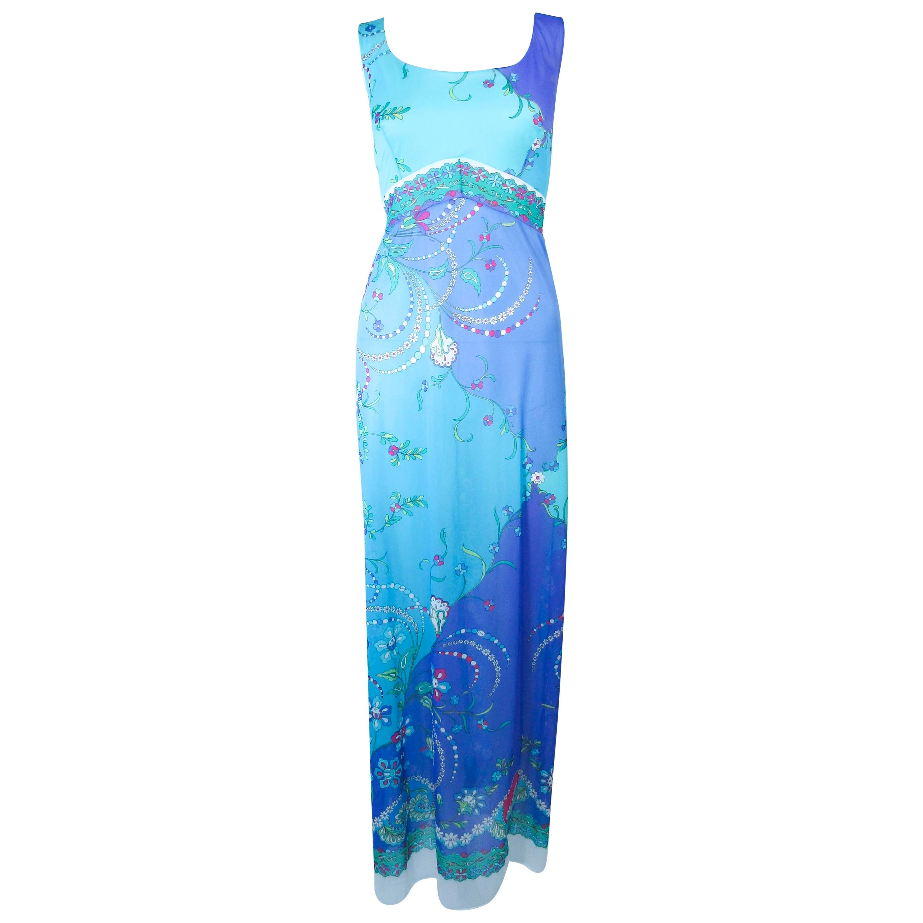 EMILIO PUCCI Light Blue and Purple Abstract Print Maxi Dress Size M 