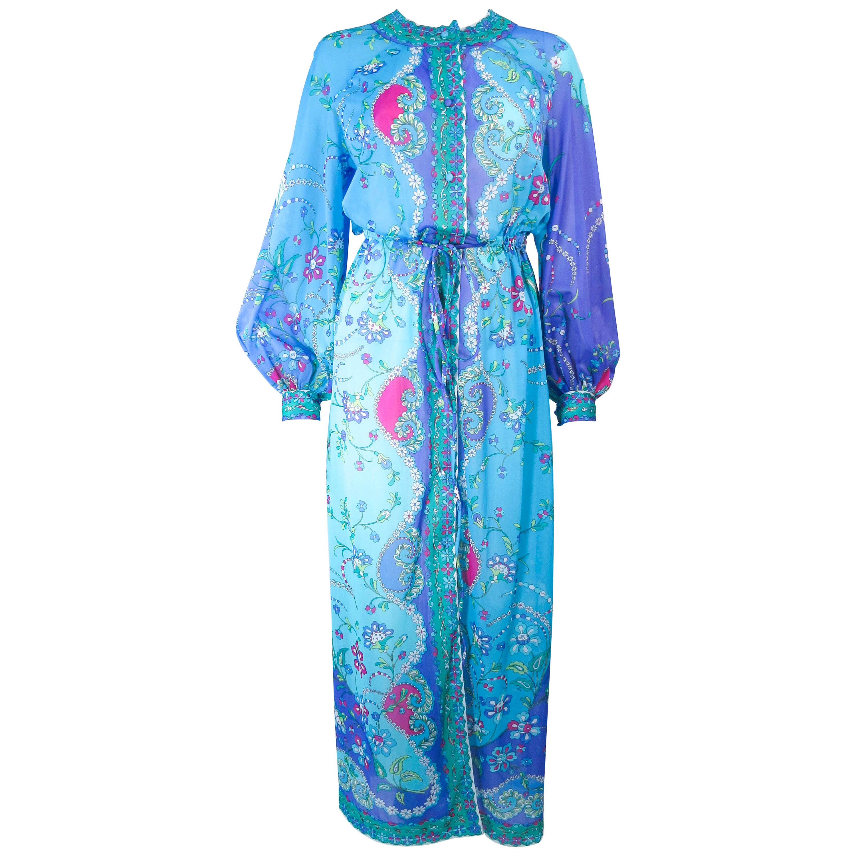 Emilio Pucci Light Blue Purple Abstract Print Long Sleeve Maxi with Tie Size M