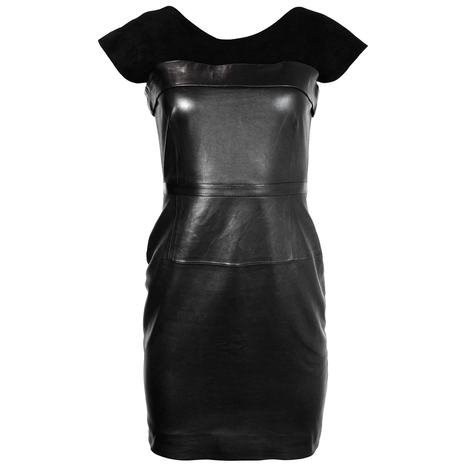Gucci Black Sleeveless Leather Dress With Suede Bodice 