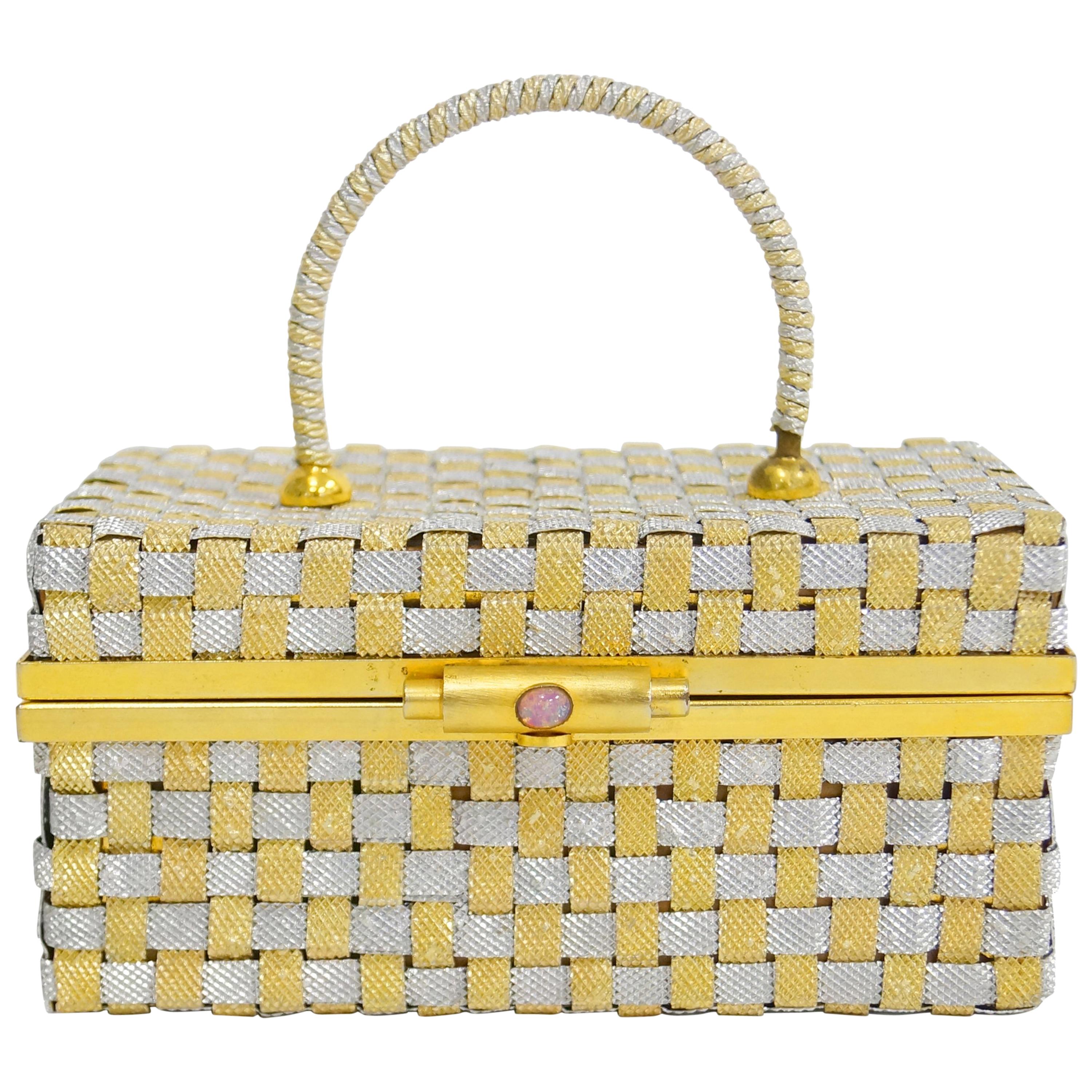 Delil Silver and Gold Woven Metal Box Purse With Foil Opal Closure