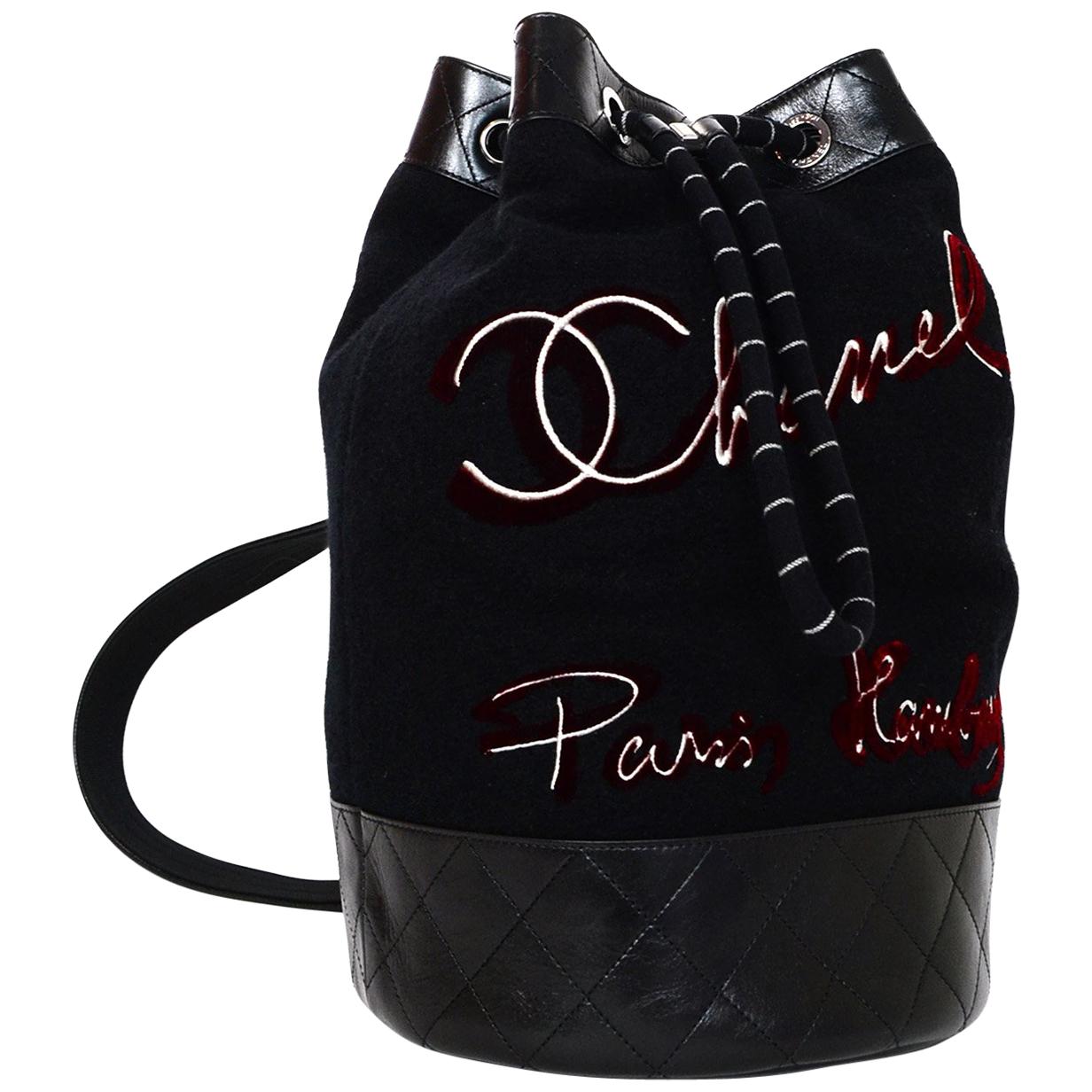 Chanel 2018 Black/ Red Chanel Paris Hamburg Embroidered Wool Sling Backpack Bag