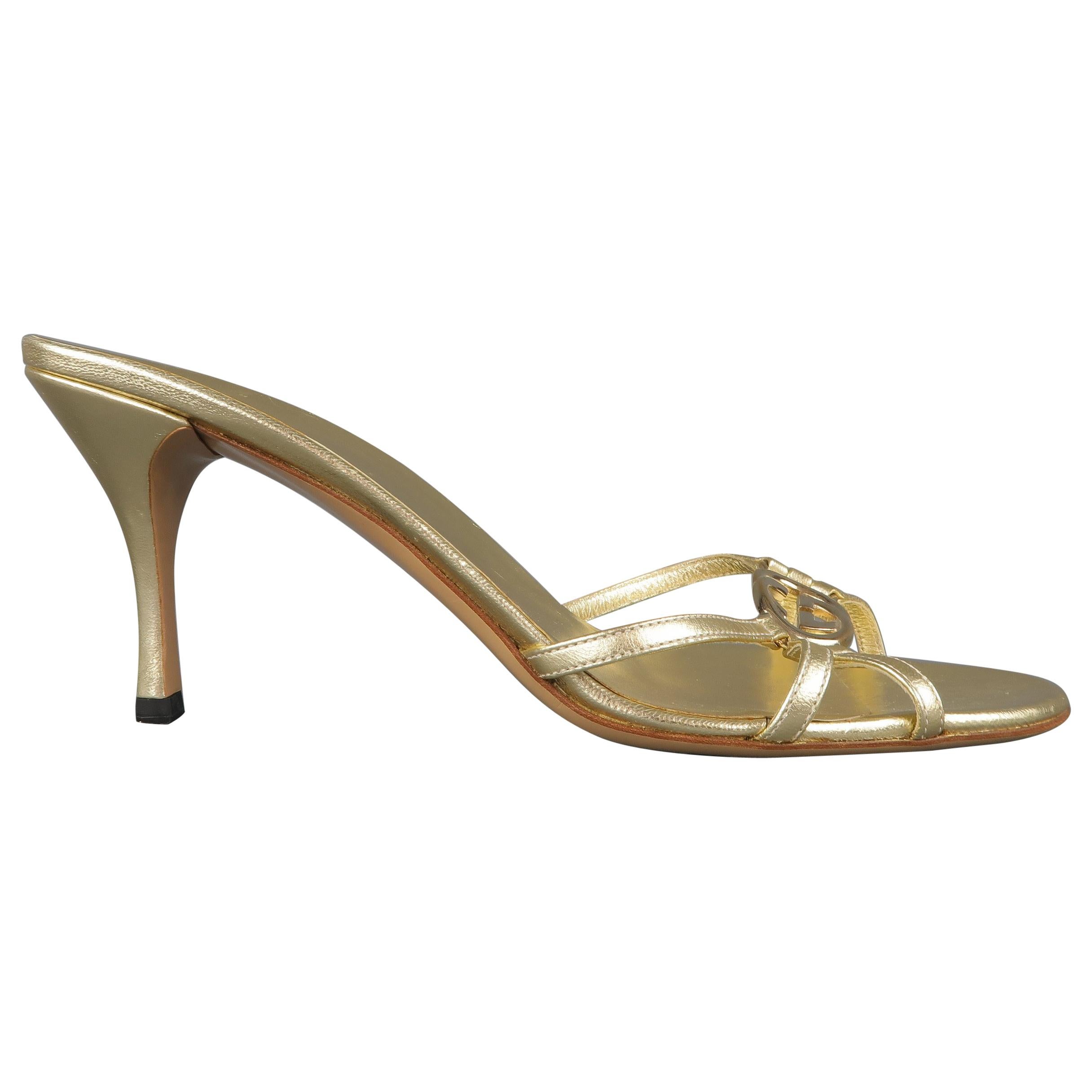 GUCCI Size 9 Metallic Gold Leather GG Monogram Strap Mule Sandals