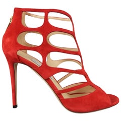 JIMMY CHOO Size US 11 Red Suede Ren 100 Cage Sandals Heels Pumps