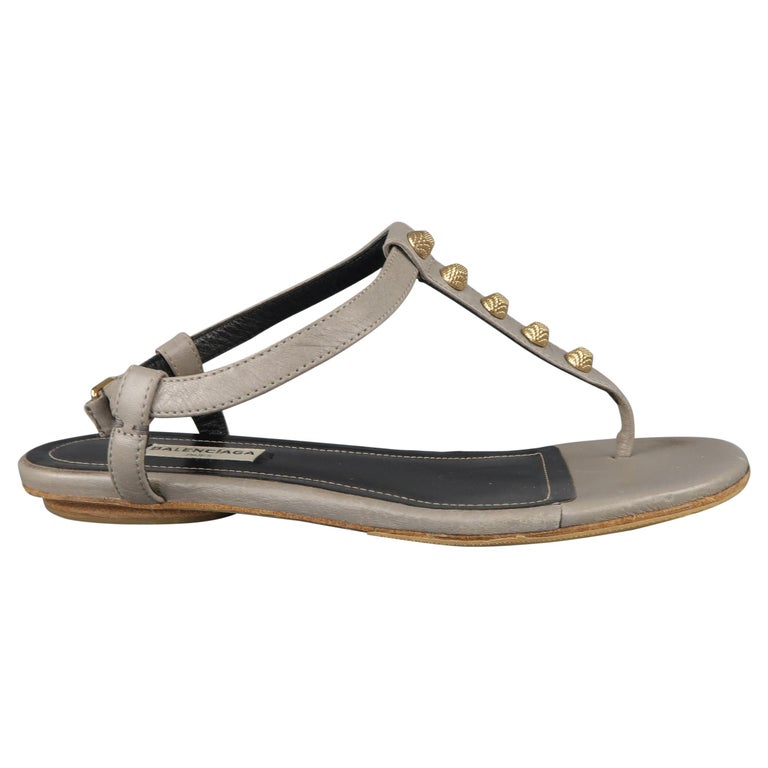 BALENCIAGA Size 7.5 Grey Leather Gold Studded ARENA T strap Flats at ...