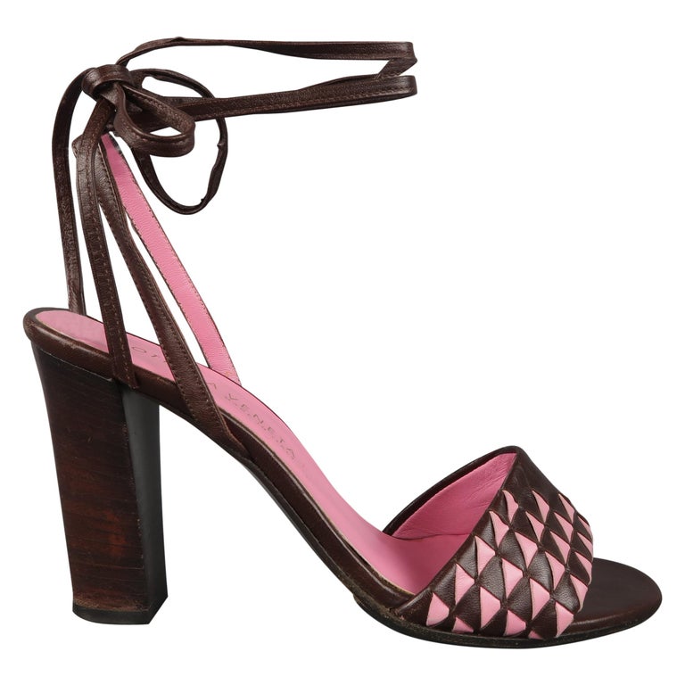 Bottega Veneta Heels Size Us 7 Brown And Pink Leather Ankle Tie Sandals At 1stdibs