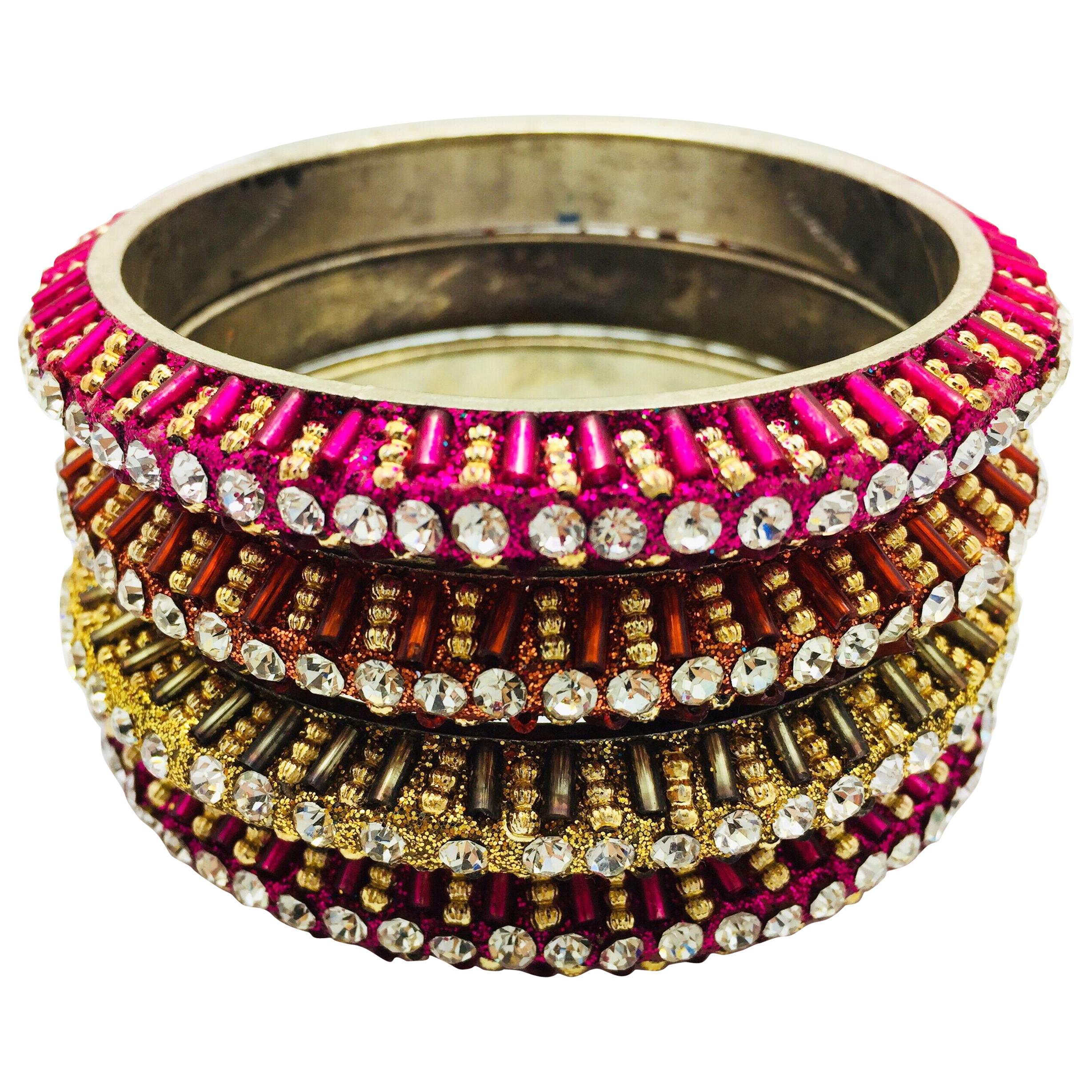 Rainbow Rhinestone Four Stackable Bangles  For Sale