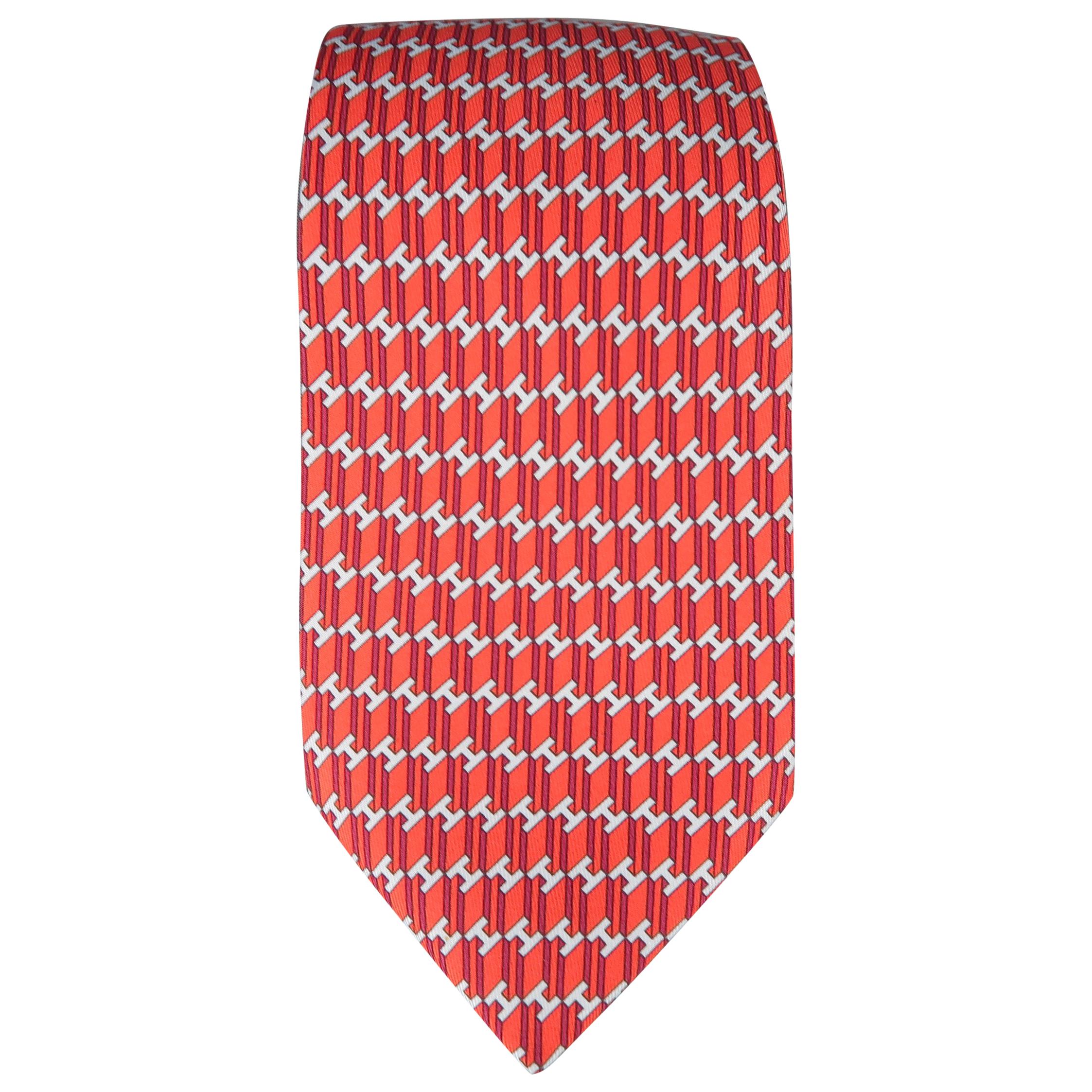 HERMES Tie - Red Striped Silk H Print Neck Tie