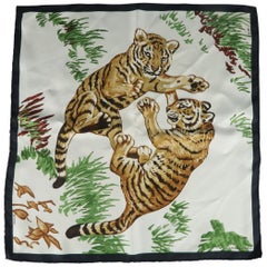 HERMES Pocket Square - Cream & Black Silk LES TIGREAX Tiger Print Pocket Square