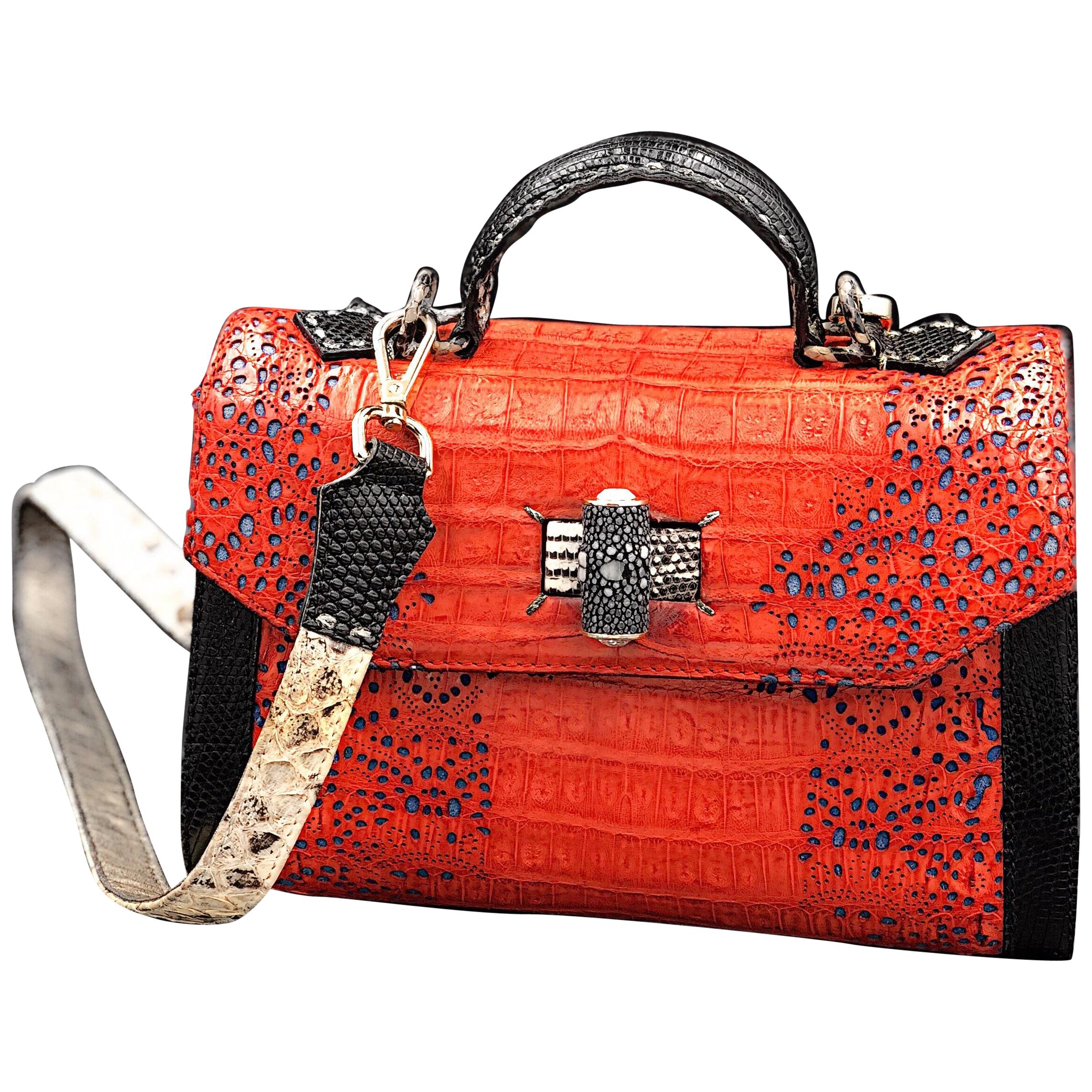 Crocodile Handle Bag in Red with Blue Laser Cuttings on Side  For Sale