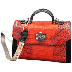 Crocodile Handle Bag in Red with Blue Laser Cuttings on Side