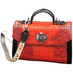 Crocodile Handle Bag in Red with Blue Laser Cuttings on Side 