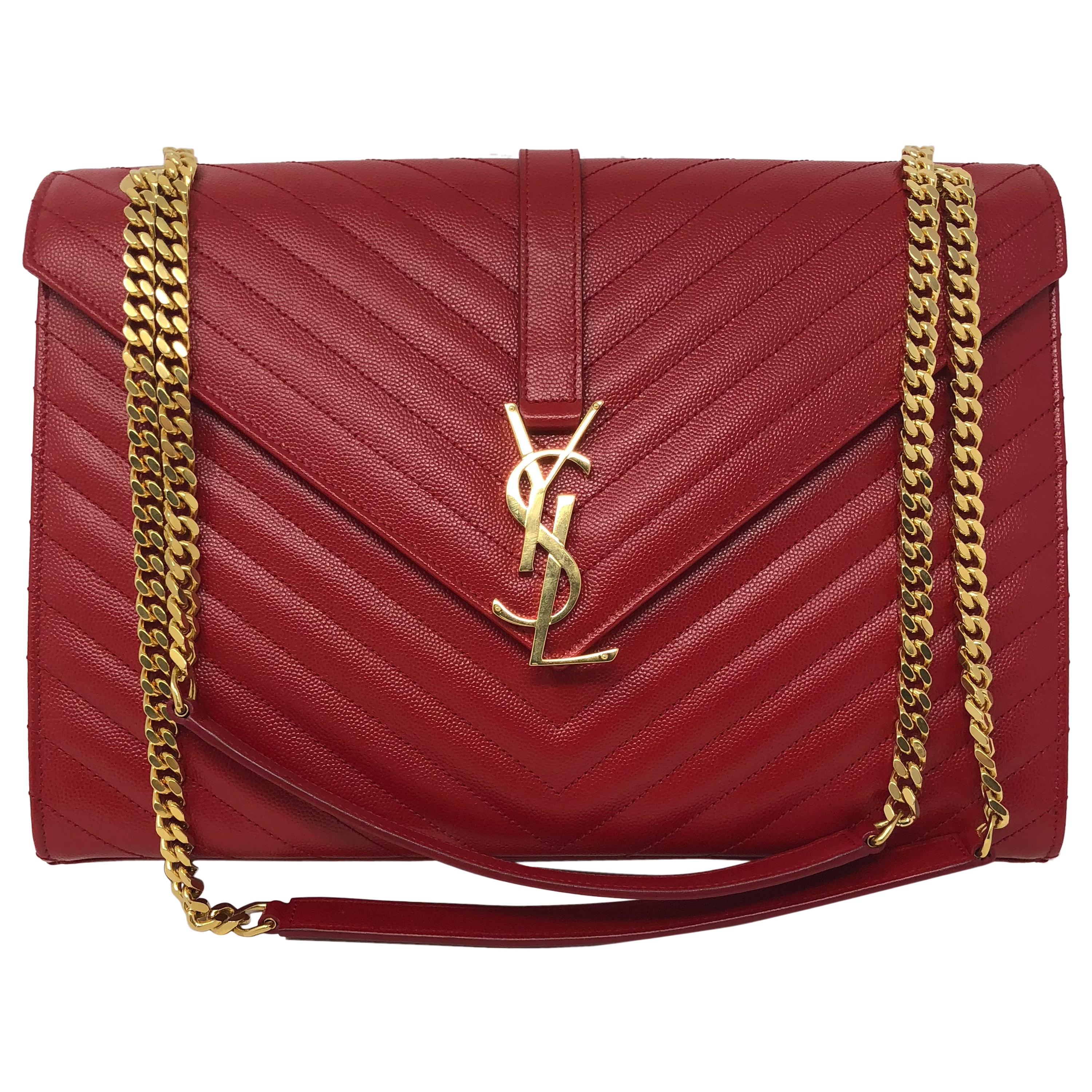 YSL Red Leather Large Matelasse Chain Shoulder Bag