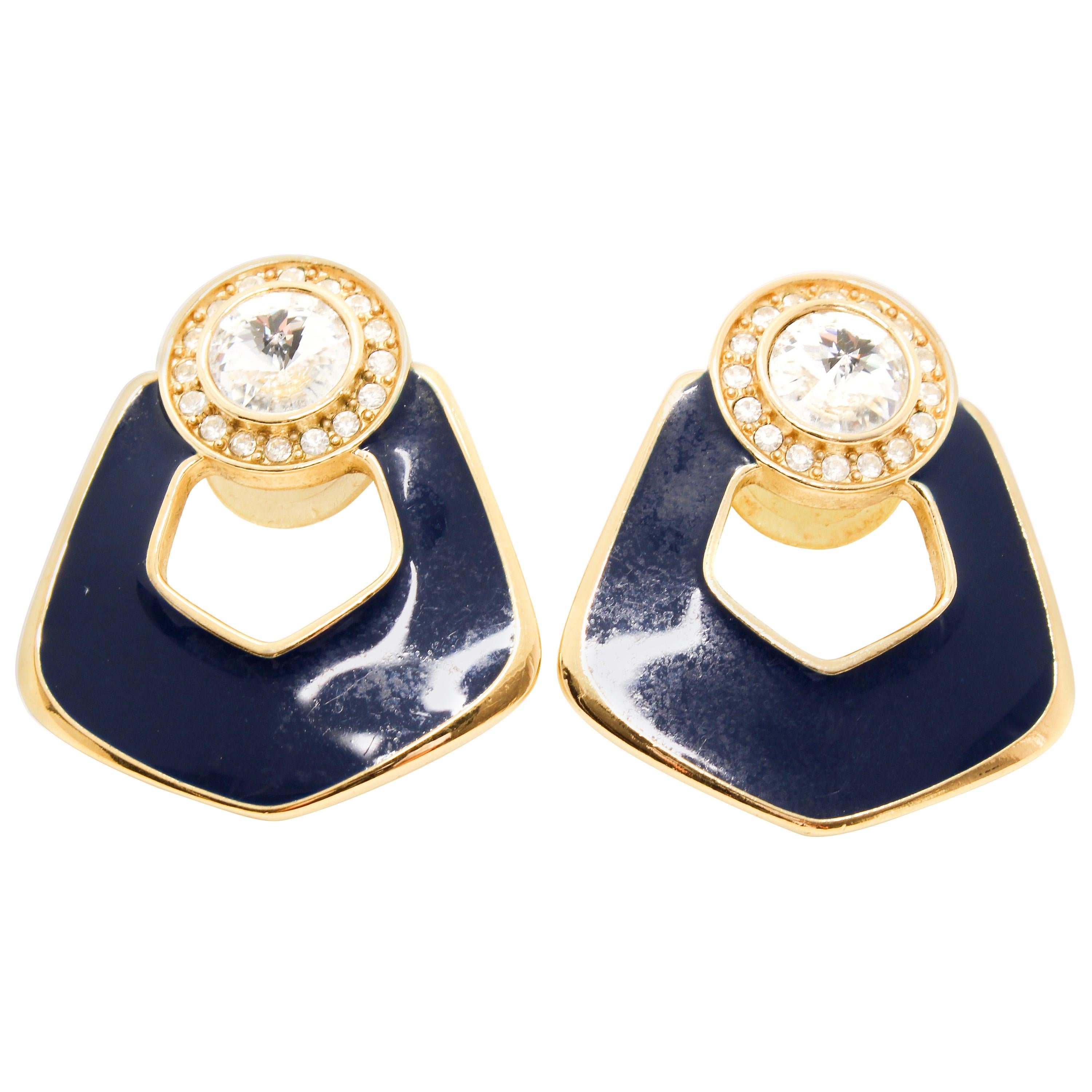 Bergdorf Goodman 80s Vintage Blue Enamel and Crystal Earrings for Pierced Ear 